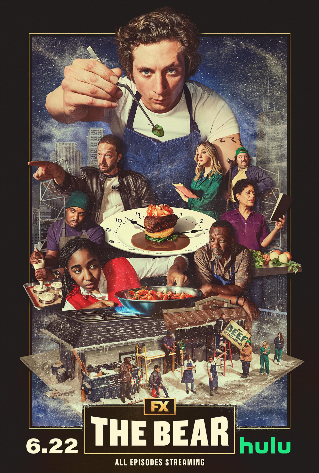 An ensemble cast gathered around a restaurant kitchen