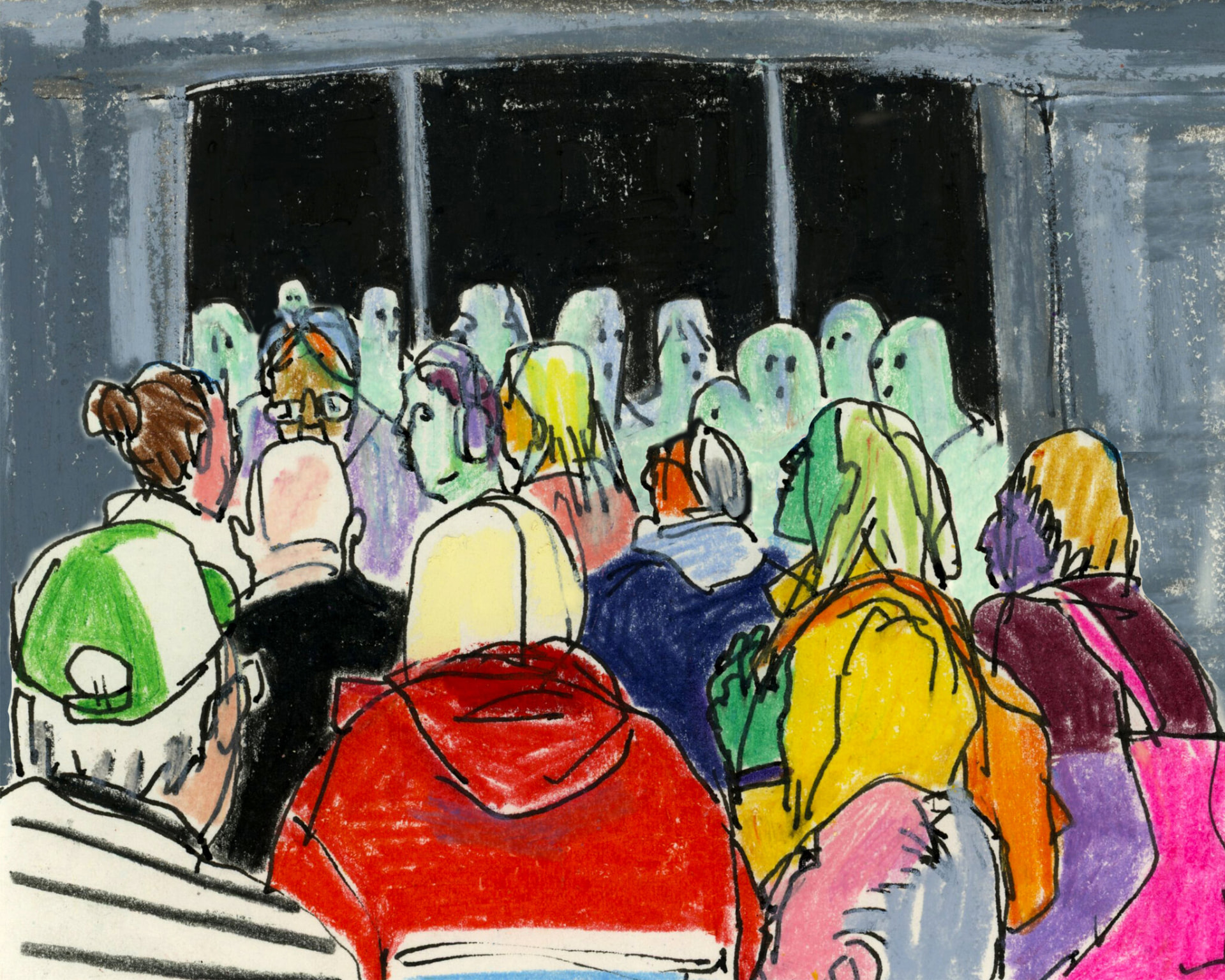 A colorful oil-pastel drawing of a crowd of people seen from behind, looking out a dark window where pale ghost-like figures stare back from the night