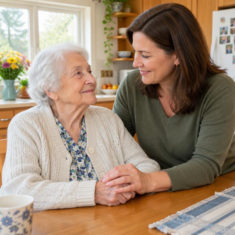 An adult daughter holding her elderly mother's hand at a kitchen table