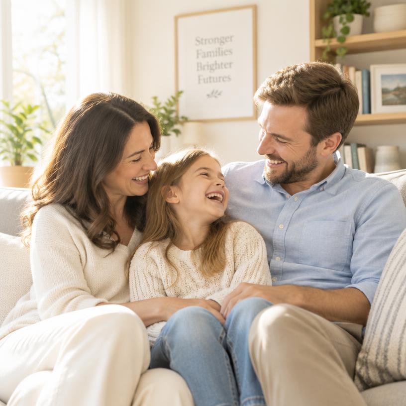 A family of three laughing together in a sunlit living room