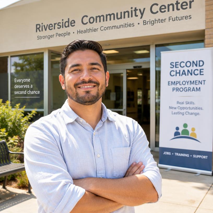 A man in a light shirt smiling outside a community centre on a sunny day