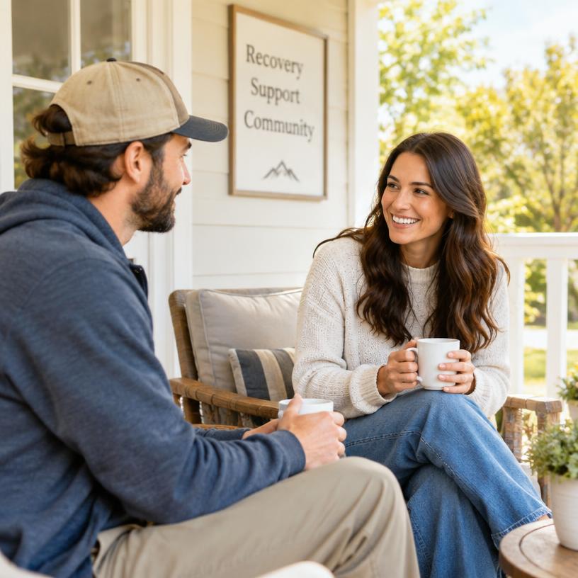 Two people talking with coffee mugs on a sunny porch