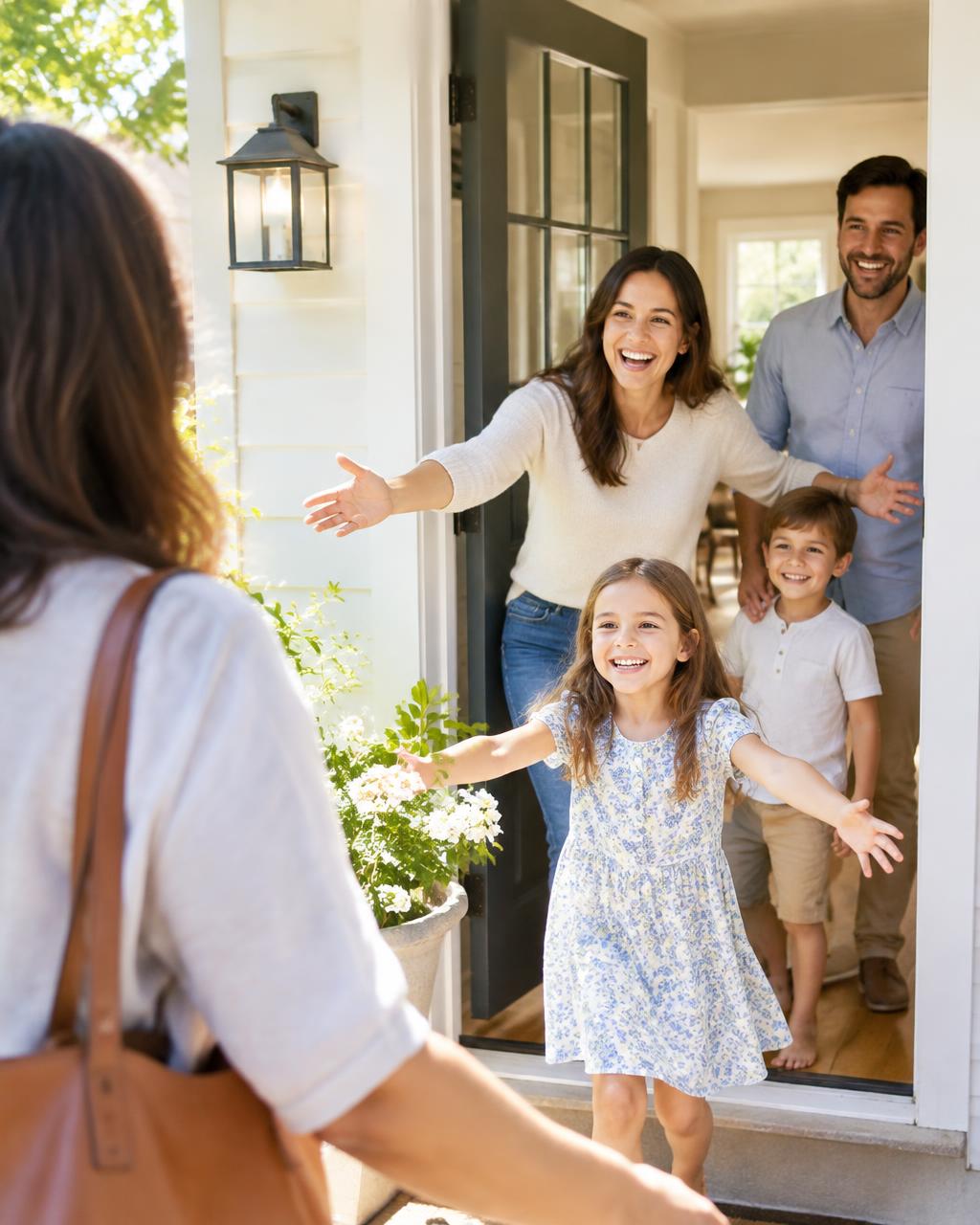 A family welcoming someone at a sunlit front door
